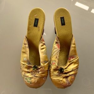 MERE Gold and Green Rhinestone Embroidered Heels